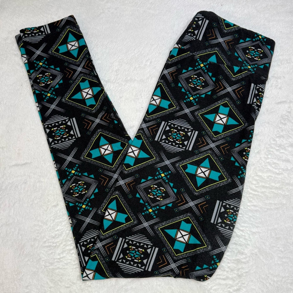 Lularoe Leggings OS Black Gray Teal White Aztec Tribal Southwest‎ VTG 2016 Rare